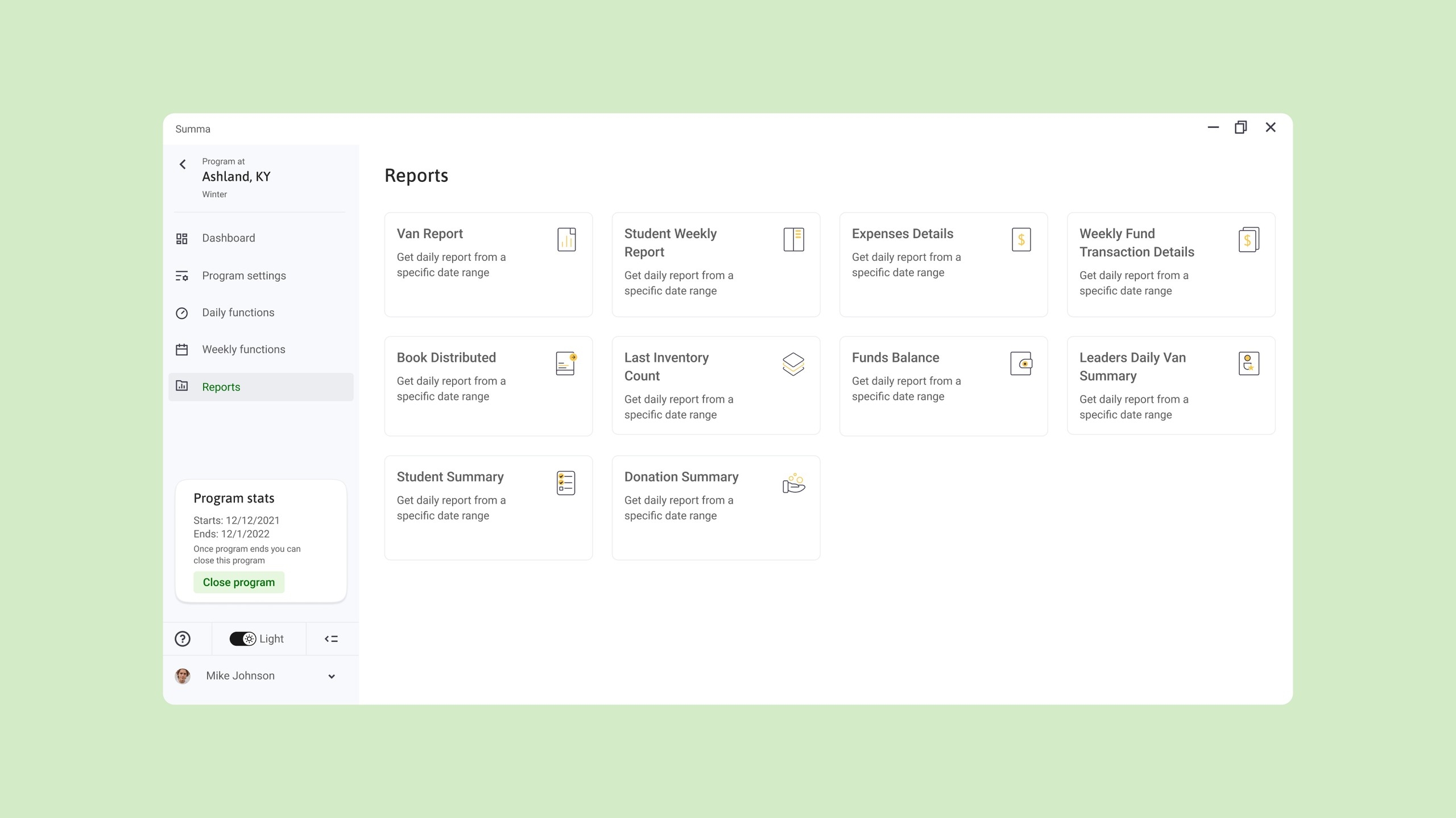 Summa application reports section 