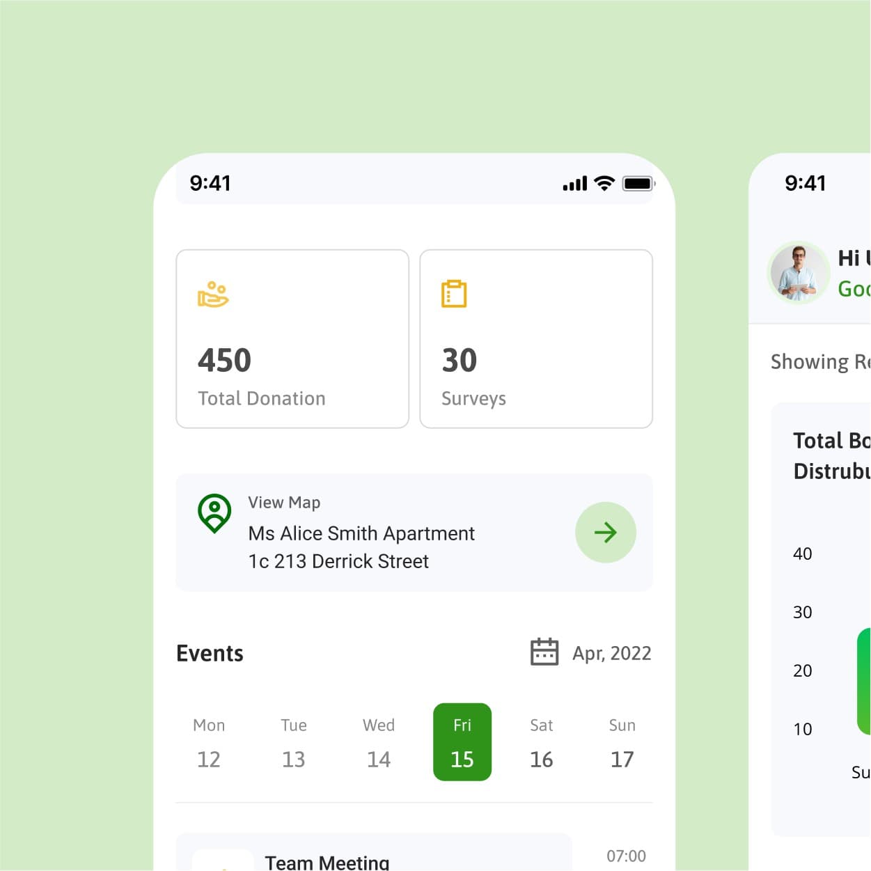 User dashboard on mobile application